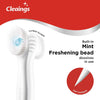A white toothbrush with a tongue scraper and a built-in mint freshening bead is shown on a red background.