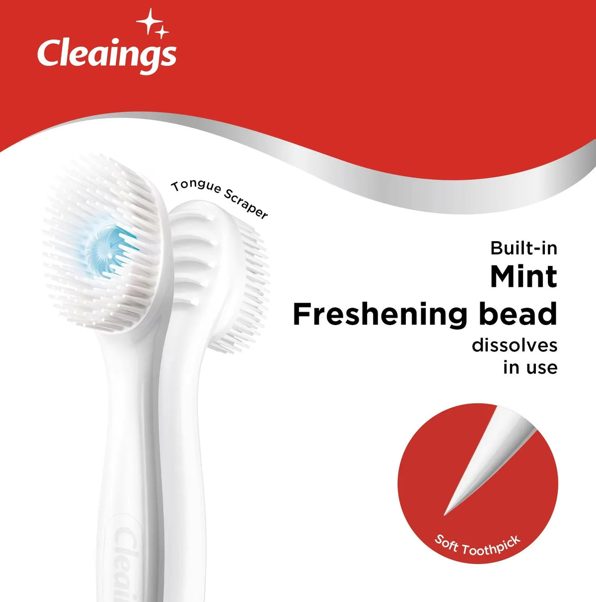 A white toothbrush with a tongue scraper and a built-in mint freshening bead is shown on a red background.