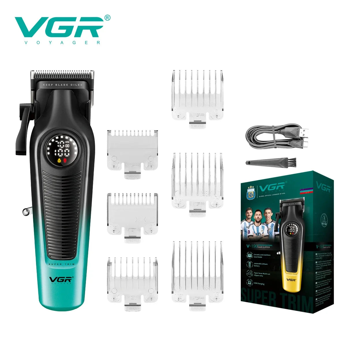 A VGR Voyager professional cordless hair clipper in teal and black with various attachments shown.