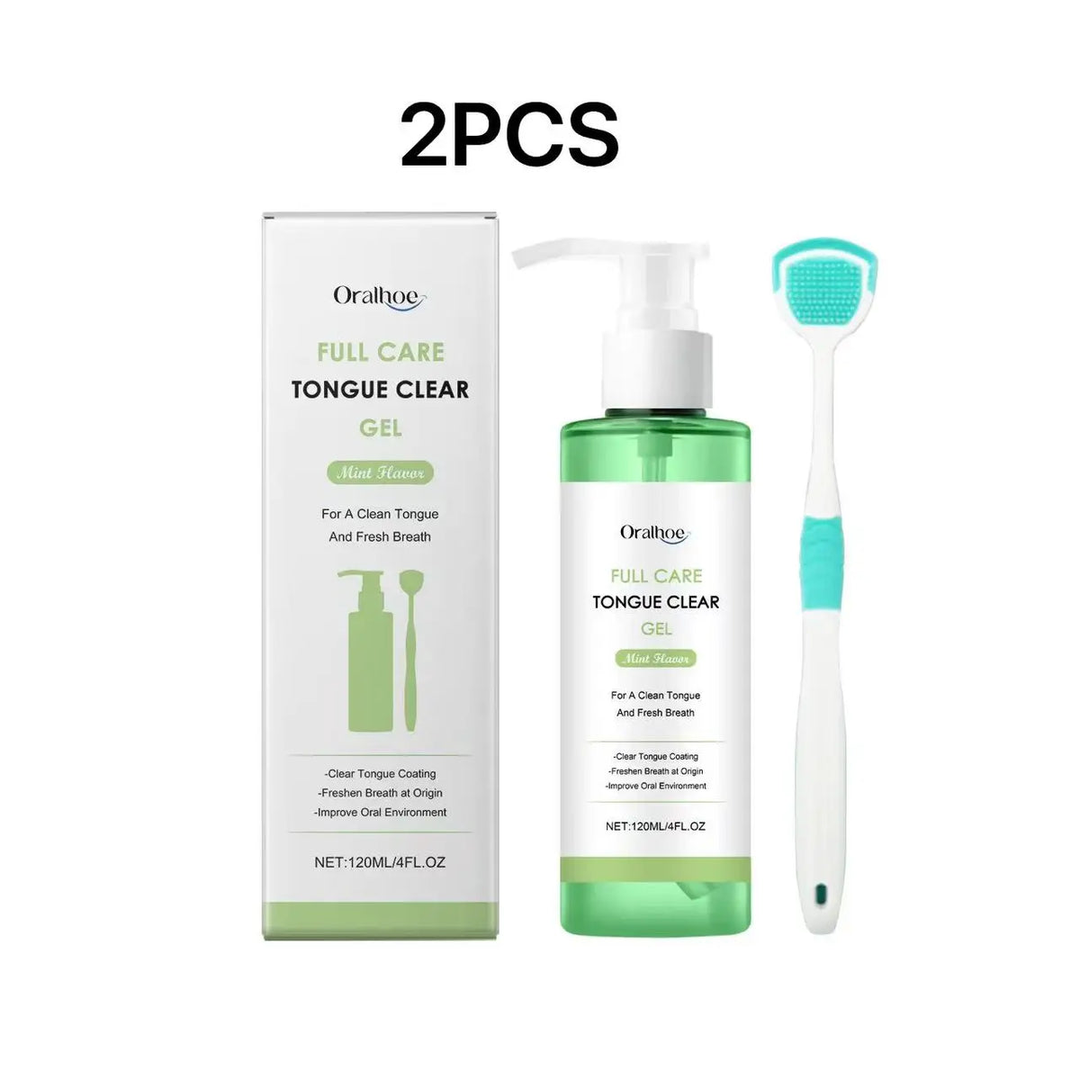 A kit containing a full care tongue clear gel and a scraper for tongue cleaning