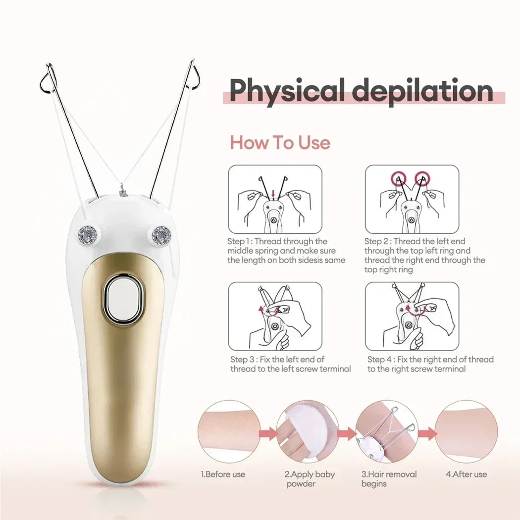 A white electric hair epilator device shown with instructions for use.