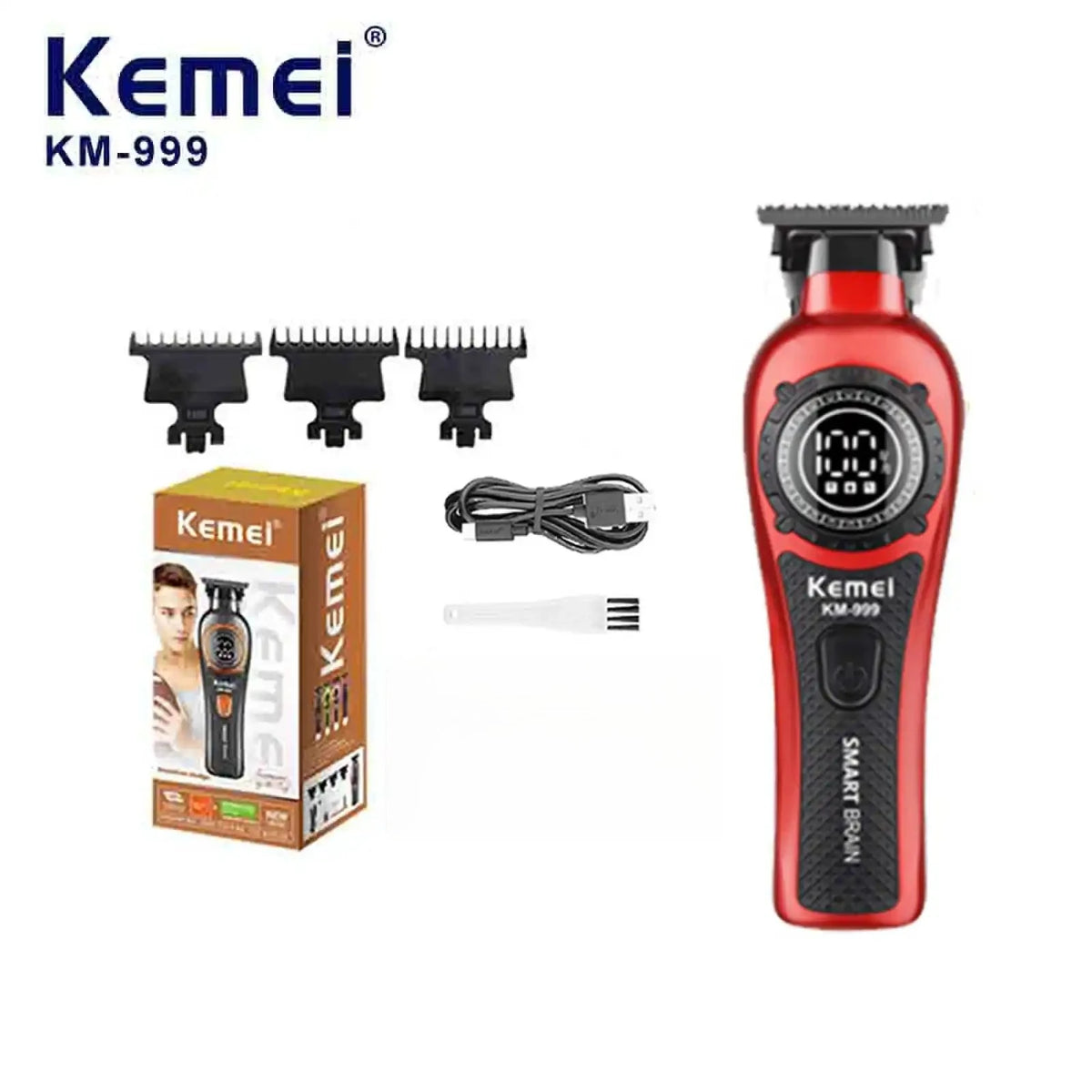 A red Kemei KM-999 cordless electric hair clipper with a battery and cleaning brush shown next to its box.