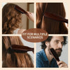 A montage showing a dark wood boar bristle hair brush being used on various hair types and individuals.