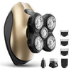 A close-up view of an All-in-One Electric Body Hair Removal Shaver in gold and black, showing the main unit and replacement f