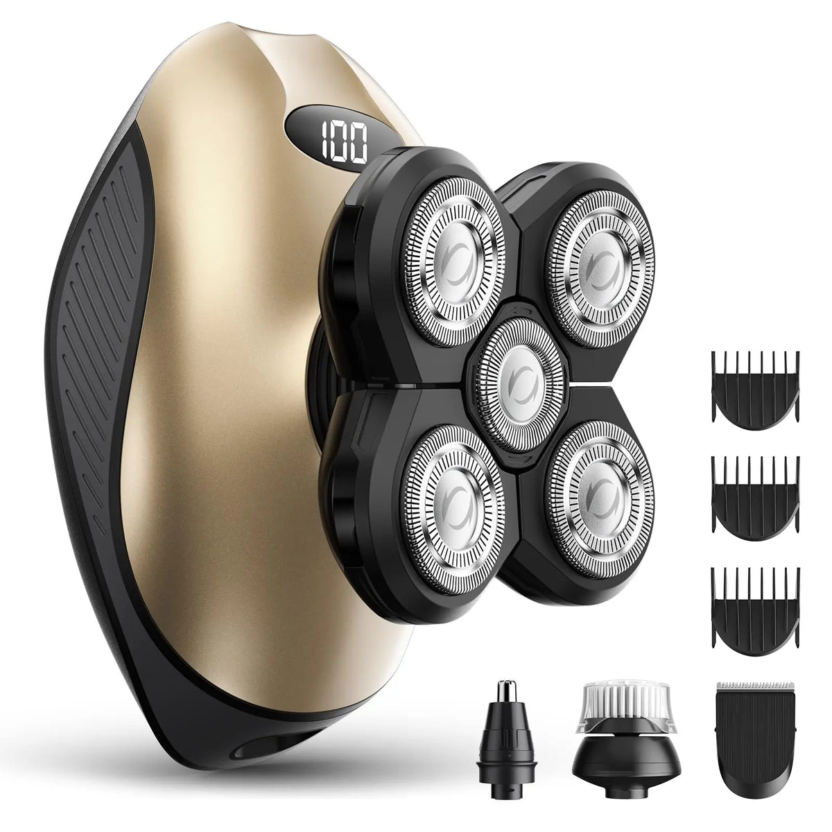 A close-up view of an All-in-One Electric Body Hair Removal Shaver in gold and black, showing the main unit and replacement f
