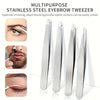 A set of multiple stainless steel eyebrow tweezers shown in various angles for precision grooming.
