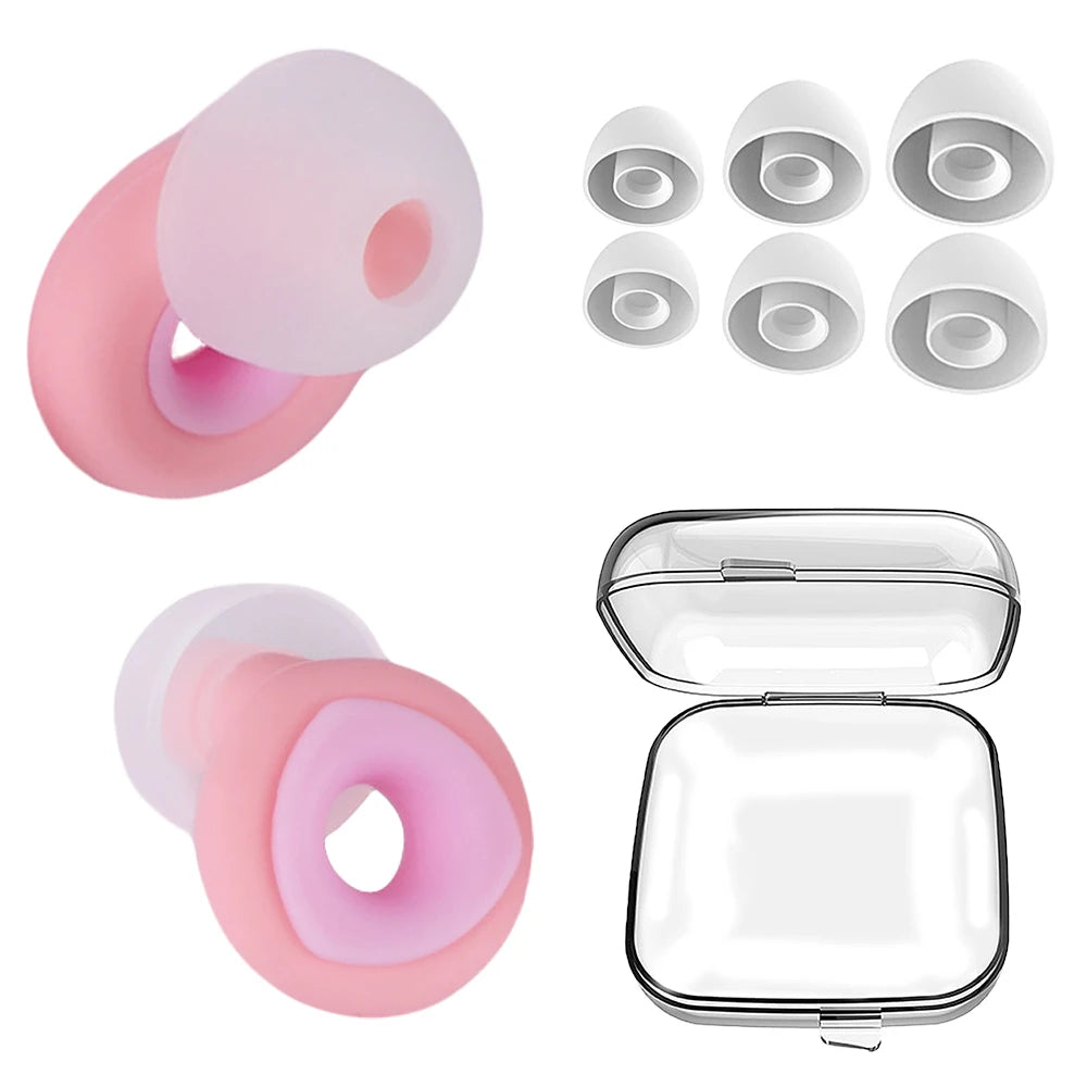 A set of pink silicone earplugs for noise reduction and comfort, including individual plugs and a clear storage case.