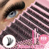 Close-up of a pink lash tray showing dark volume and fluffy eyelash extensions on an eye.