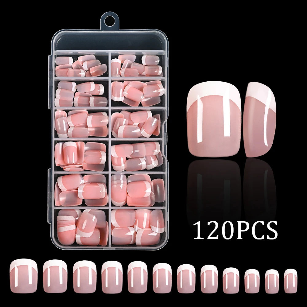 A set of 120 press-on nails in various shades of pink and white displayed in an acrylic container.