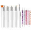 A set of precision nail art brushes with various colored tips and bristles.