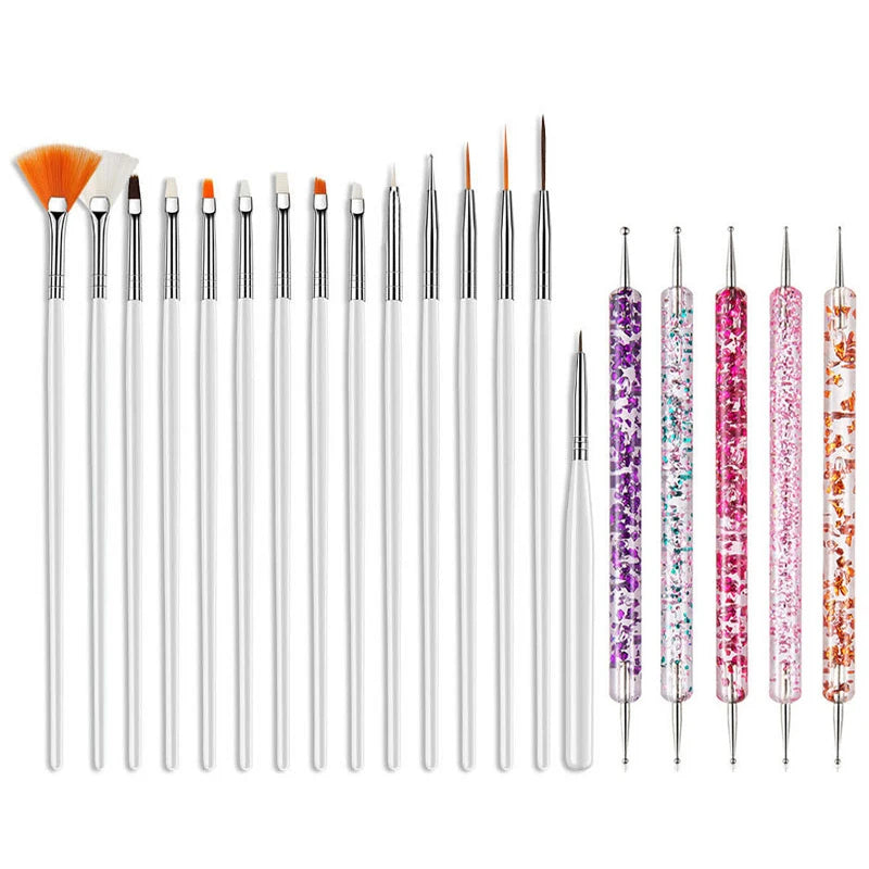 A set of precision nail art brushes with various colored tips and bristles.