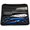 A black zippered case containing professional stainless steel hair cutting scissors and combs.