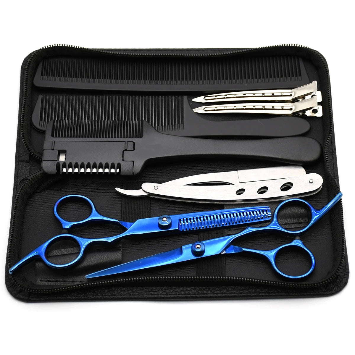A black zippered case containing professional stainless steel hair cutting scissors and combs.
