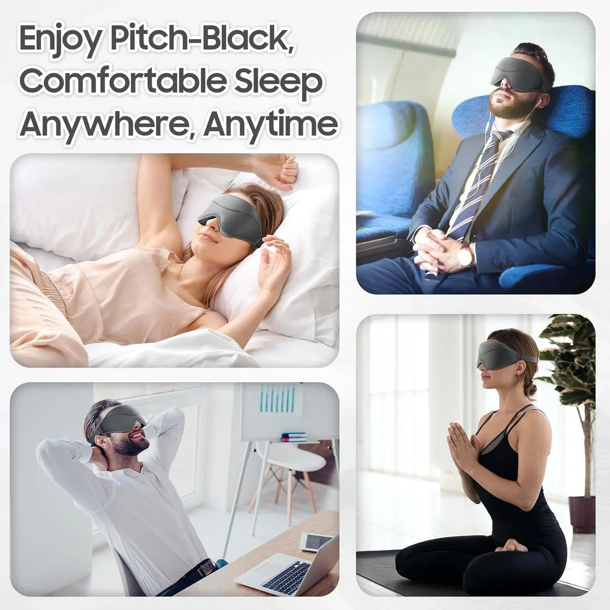 A woman wearing a pitch-black sleep mask is relaxing on a bed, demonstrating the comfortable sleep mask for anywhere, anytime