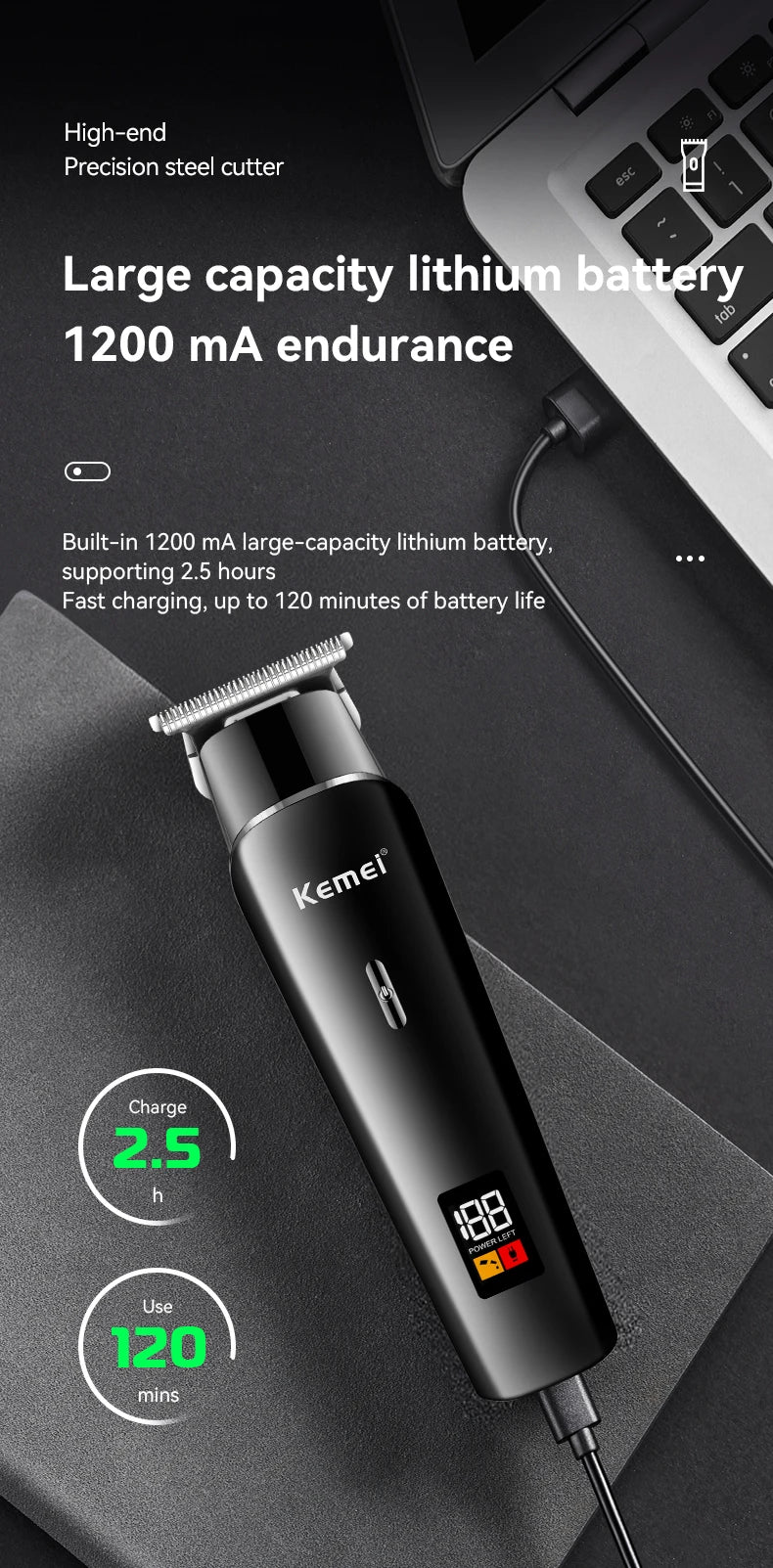 A black Kemel precision steel cutter with a lithium battery and charging cable shown next to a laptop.