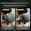 A green shiatsu massager device is shown being used on the neck and shoulders of a person.