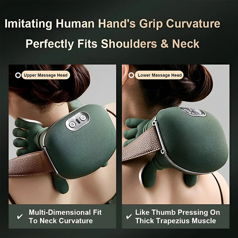 A green shiatsu massager device is shown being used on the neck and shoulders of a person.