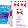 A purple and white Oral-B electric toothbrush set with 12 gift brush heads and a timer is displayed next to its packaging.
