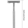A silver vintage double edge safety razor kit with a long handle and blade visible.