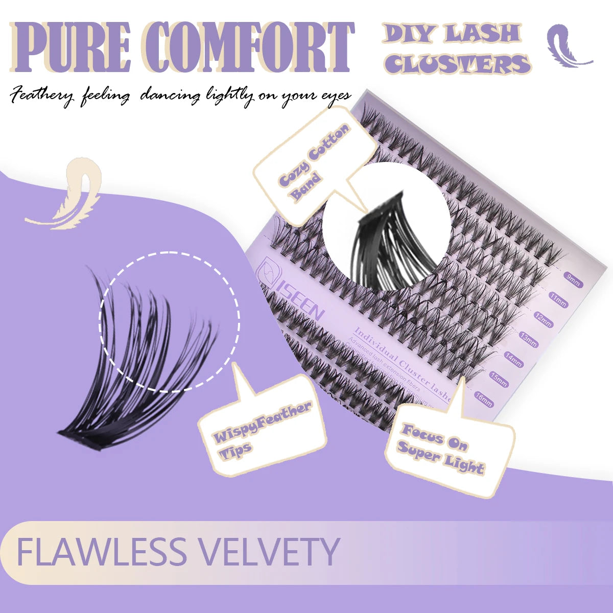 DIY lash clusters kit showing various lash types including Cozy Cotton Band and Wispy Feather Tips