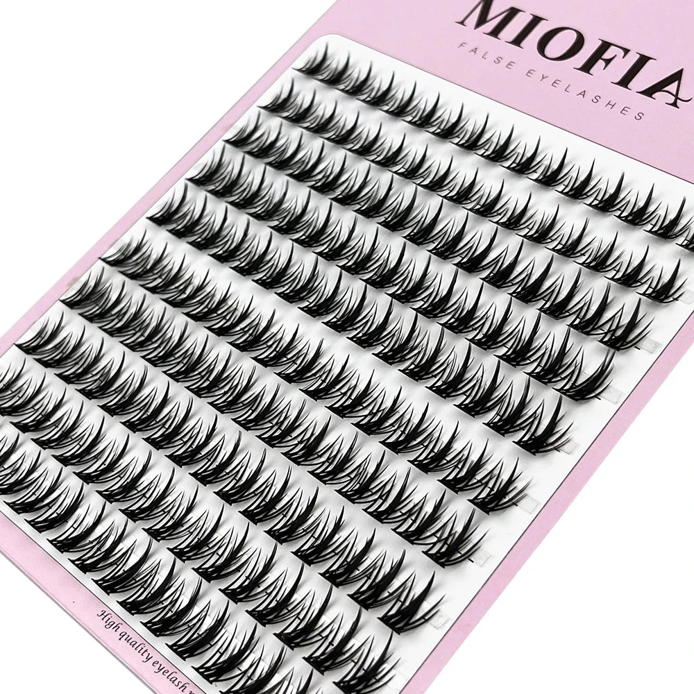 A display of black false eyelashes labeled Miofia fake eyelashes
