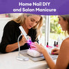 A woman is using a portable dual-mode gel nail lamp for DIY and salon manicure on her fingers.