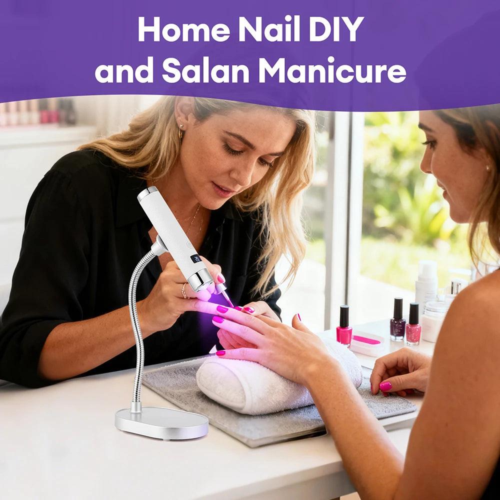 A woman is using a portable dual-mode gel nail lamp for DIY and salon manicure on her fingers.