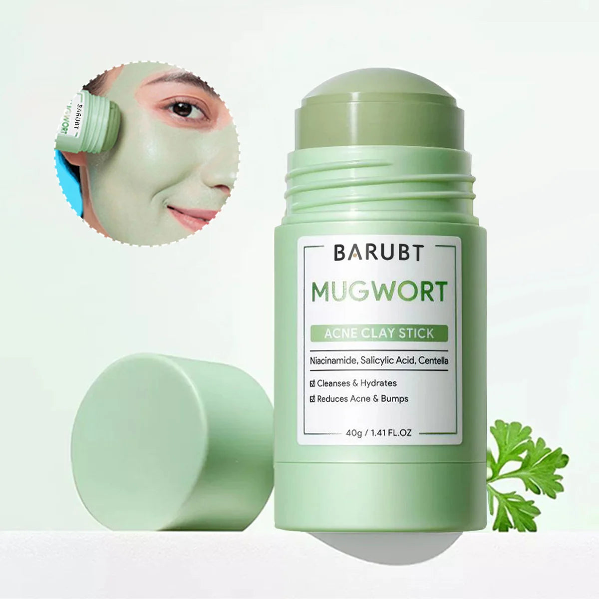 A stick of BARUBT MUGWORT ACNE CLAY STICK in a light green jar with a circular swatch of skin nearby.