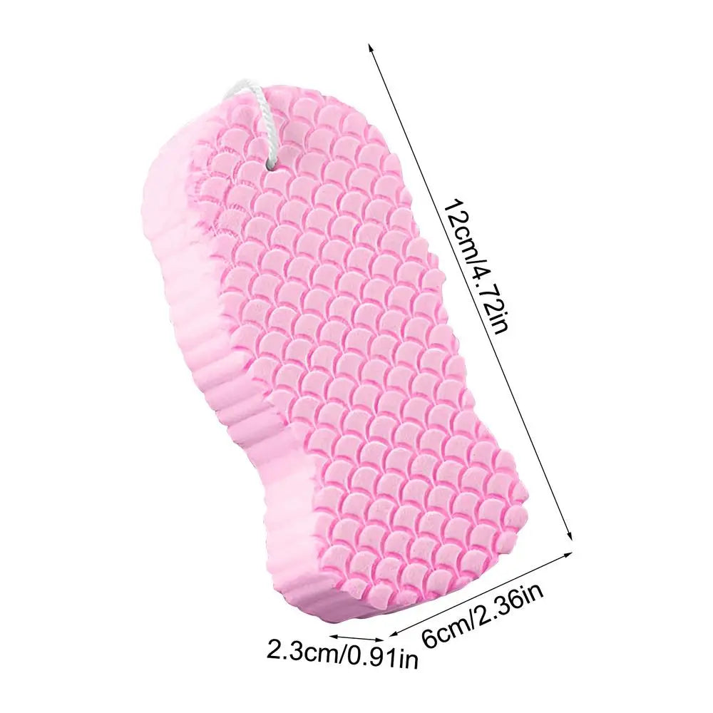 Pink exfoliating bath sponge with a textured surface and hanging loop
