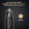 A close-up view of a black nose and ear hair trimmer with a rotating head and automatic collection filter.