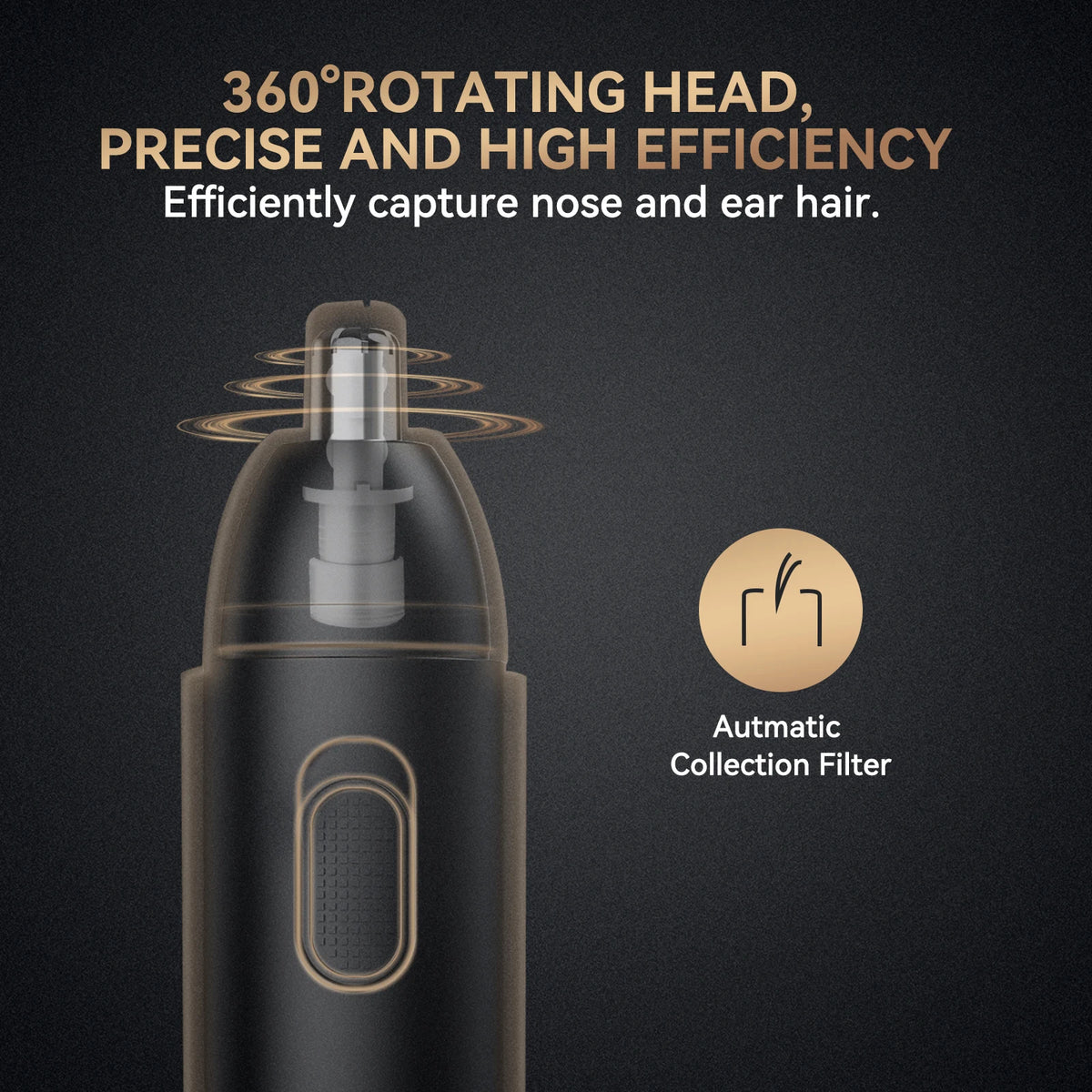 A close-up view of a black nose and ear hair trimmer with a rotating head and automatic collection filter.