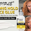 Botella de pegamento GOIPLE Strong Hold Lace con aplicador blanco y una modelo usando peluca de encaje