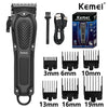 A set of Kemei professional cordless hair clippers with various guard attachments shown in black.