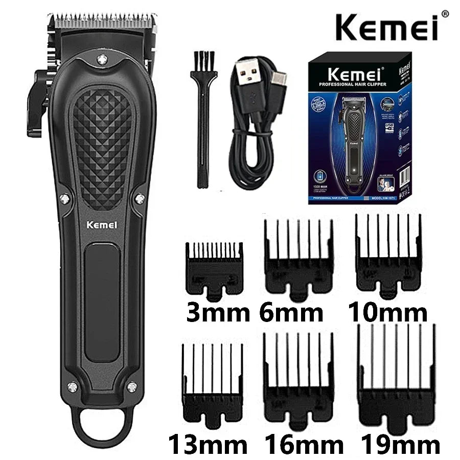 A set of Kemei professional cordless hair clippers with various guard attachments shown in black.