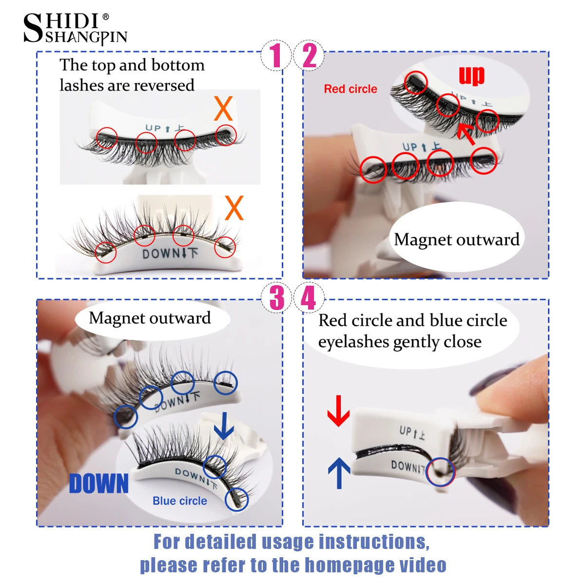 Instructions pour utiliser des faux cils magnétiques réutilisables, montrant comment inverser et fermer les cils