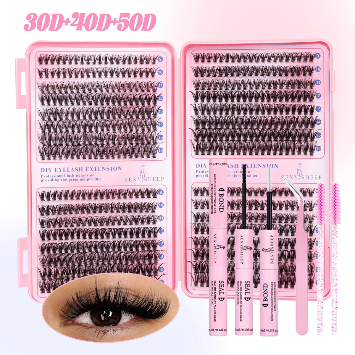A pink DIY eyelash extension kit with three sizes 30D, 40D, and 50D shown next to an eye.