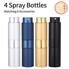 Four spray bottles in silver, blue, gold, and black, matching six accessories.