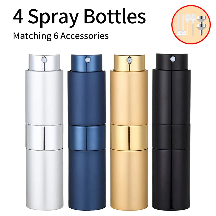 Quatre bouteilles de spray argent, bleu, or et noir, assorties à six accessoires.