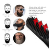 A black professional hair straightening comb with heat-resistant teeth shown alongside various beard styles.