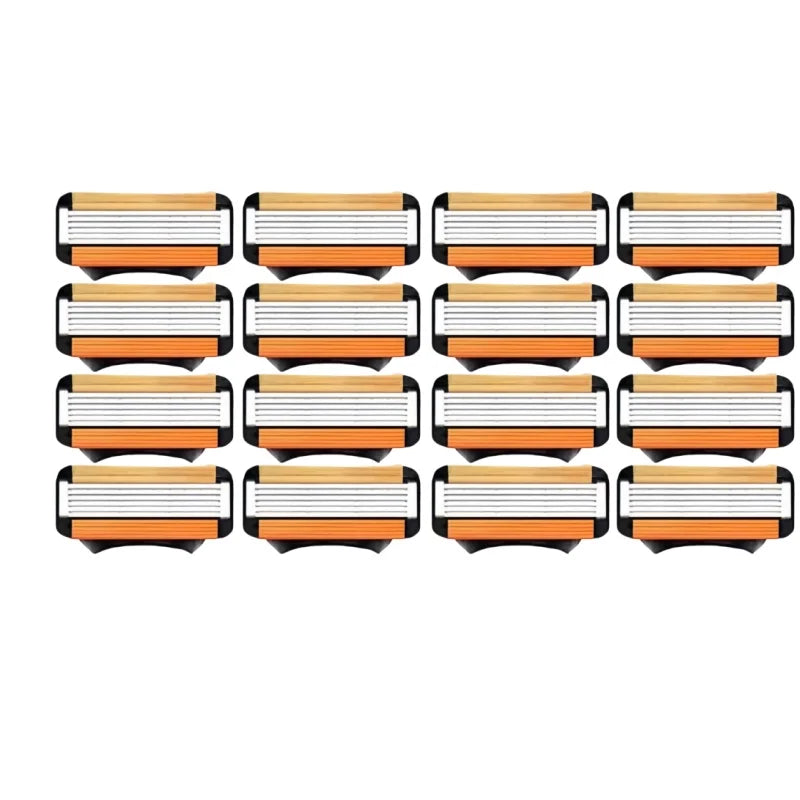 A set of twelve replacement razor heads with a fusion style design featuring orange and white stripes.