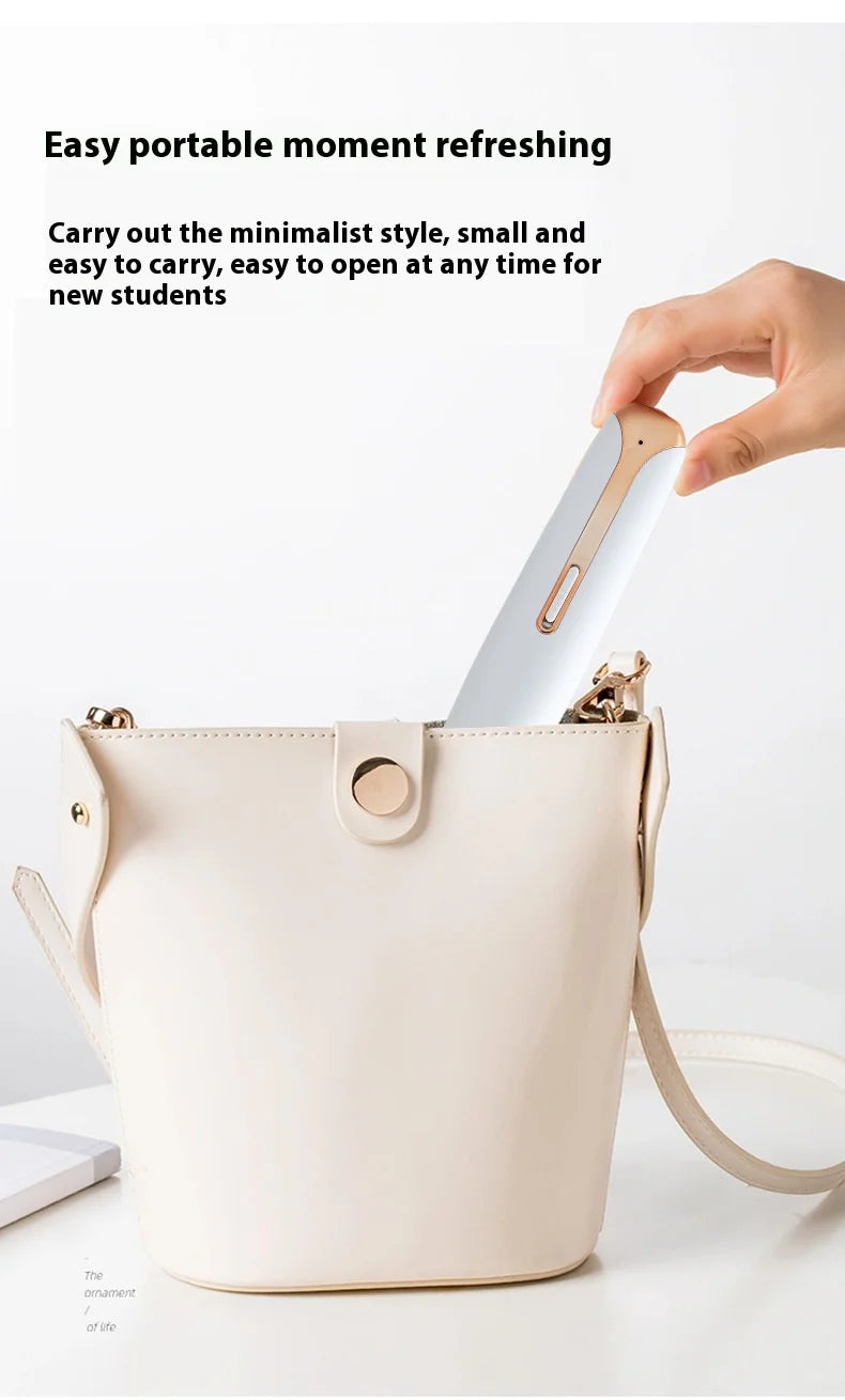 A light beige portable cosmetic pouch with a zipper and a white electric shaver or trimmer inside.