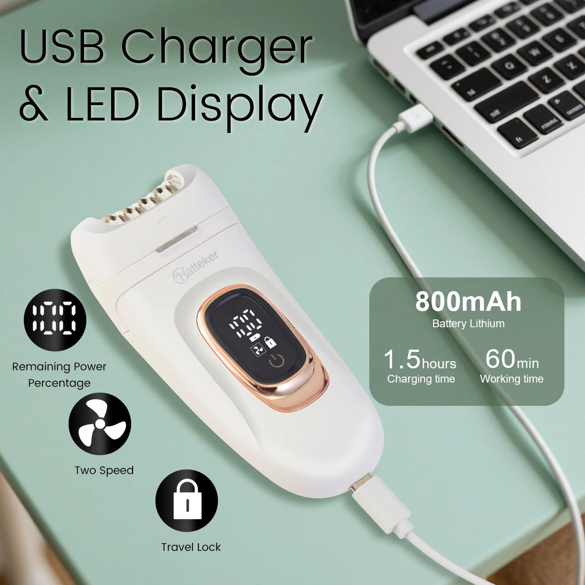 A white USB charger with an LED display and travel lock feature is shown next to a laptop.