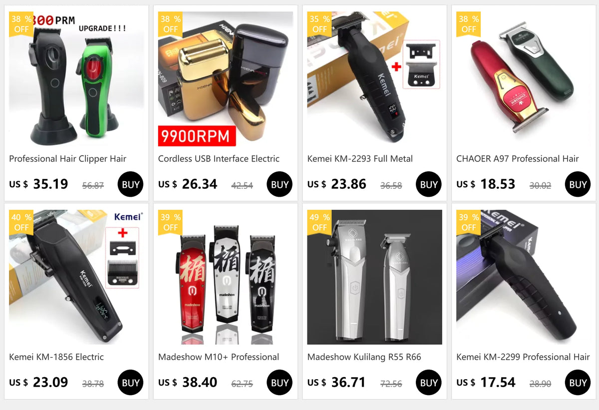 A collection of professional cordless hair clippers and related grooming tools for sale.