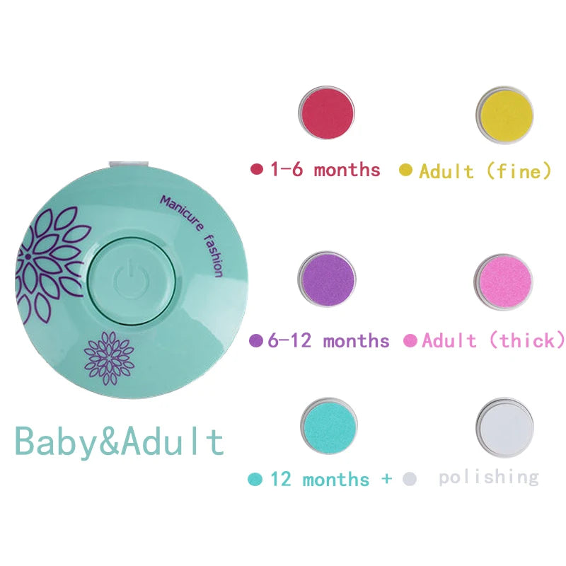 A set of colored electric baby nail trimmers for various ages, including infants and adults.