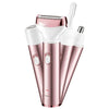 A pink and white 4-in-1 rechargeable epilator device shown standing upright.