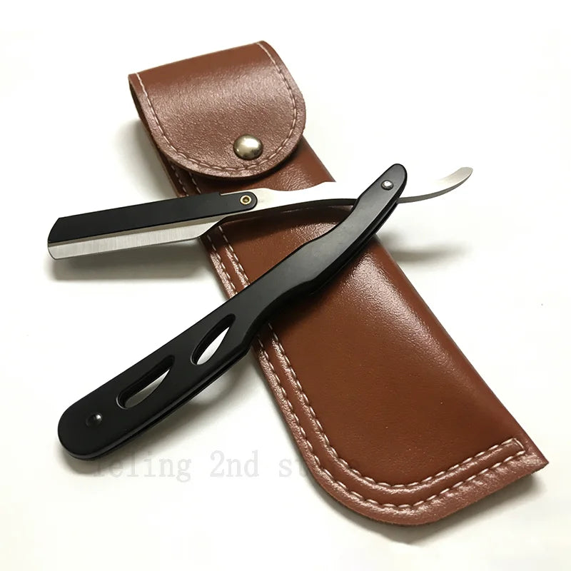 A brown leather sheath holds a black straight edge barber razor with a silver blade.