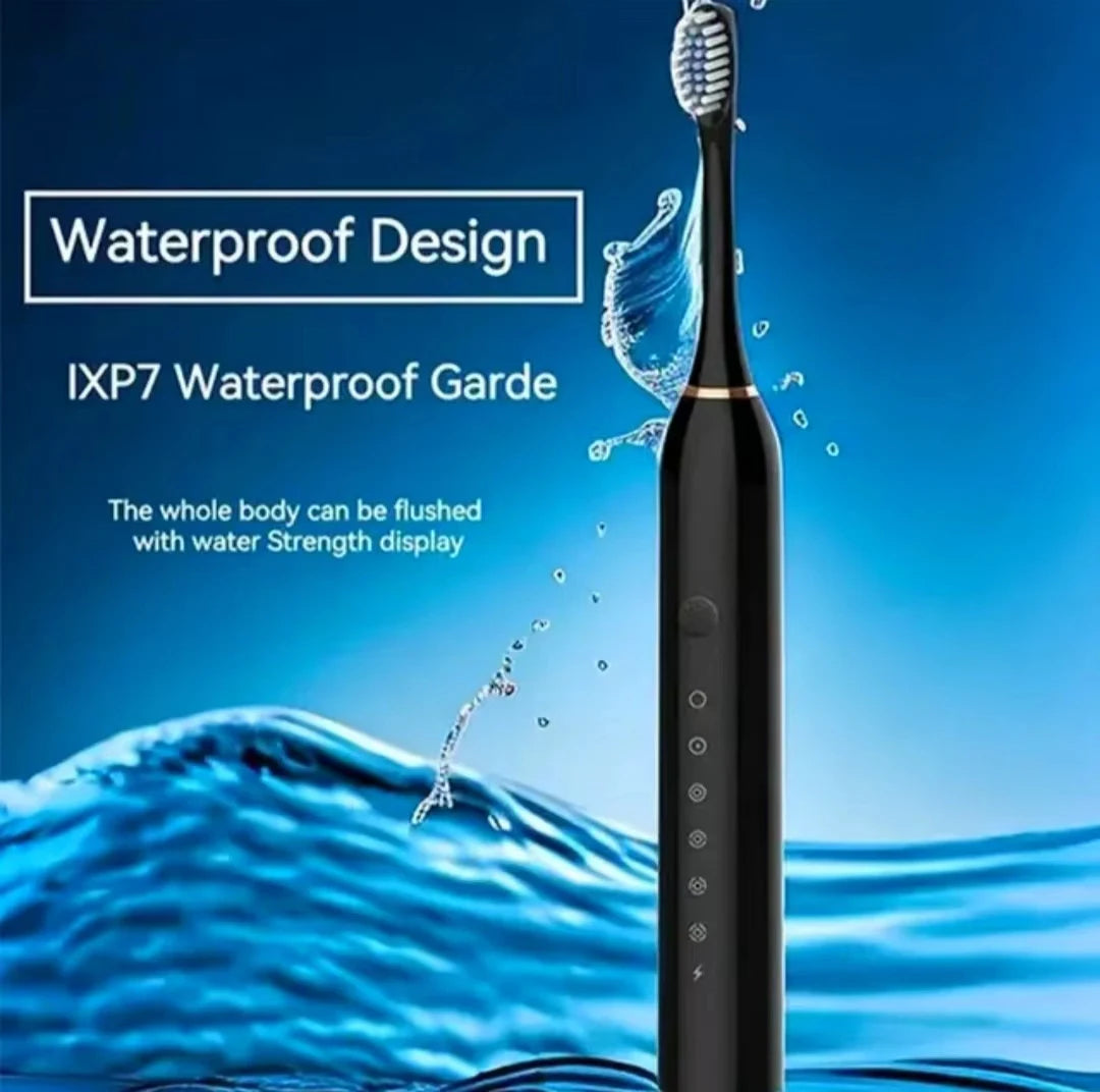 A black sonic electric toothbrush with a waterproof design is shown against a blue water background.
