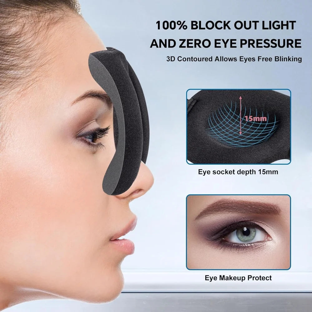 A close-up of a black 3D contoured eye mask designed to block light and reduce eye pressure.