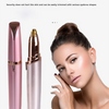 A pink electric eyebrow shaping tool is shown next to a model demonstrating its use for eyebrow shaping.