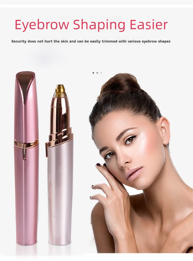A pink electric eyebrow shaping tool is shown next to a model demonstrating its use for eyebrow shaping.
